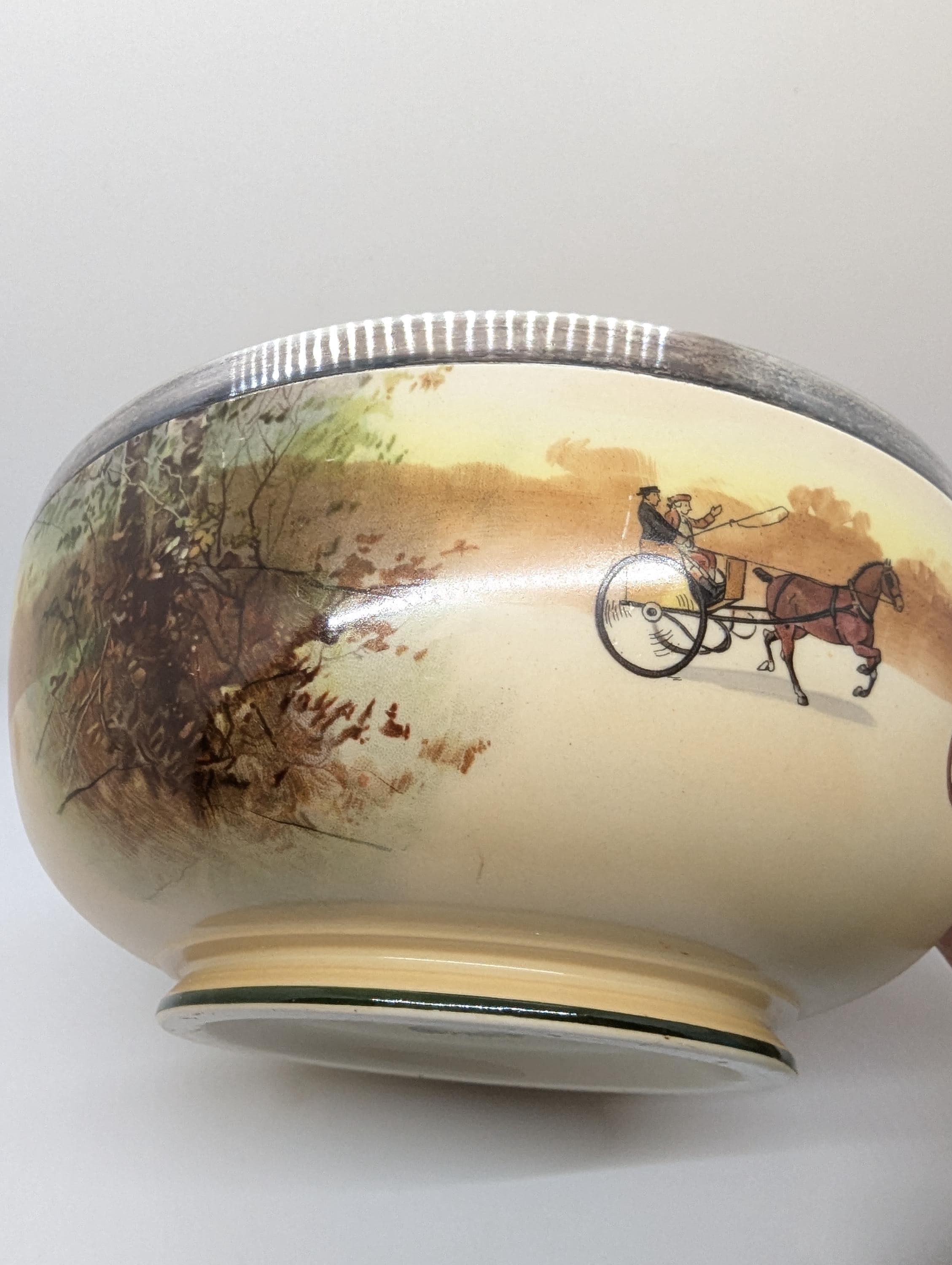 RARE Antique Royal Doulton Coaching Days Carriage Bowl With Silver