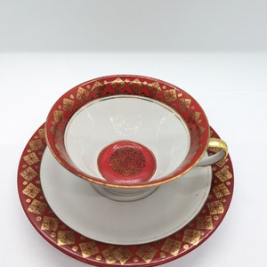 Vintage Mid Century West German Teacup and Saucer - Burgundy with Gold Filigree Pattern -  Made in Germany