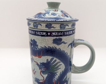 Agatha Bester Colourful Oriental Dragon Mug With Ceramic Strainer and Lid