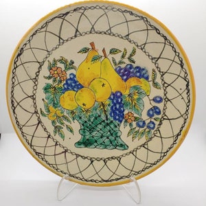 Vintage Mexican Folk Art Hand Painted Terra Cotta Wall Plate with Fruit Basket design
