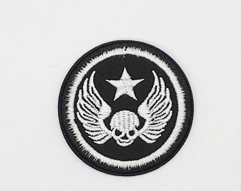 Sew On / Iron On Round Black patch with Skull  Wings and Star