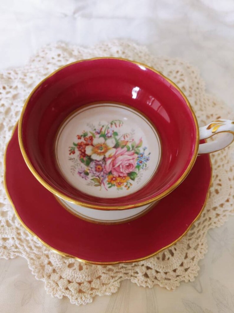 Grosvenor Bone China Vintage Tea Cup and Saucer Deep Red and Etsy