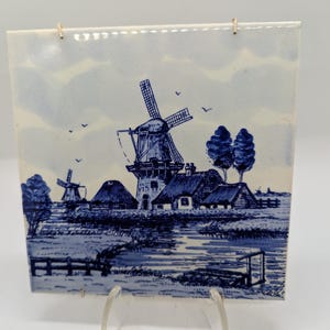 Vintage Delft Blue and White Ceramic Tile with Windmill Scene - Dutch Tile with Metal Hanger