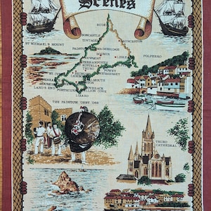 Torchon en coton vintage - Carte des scènes de Cornouailles