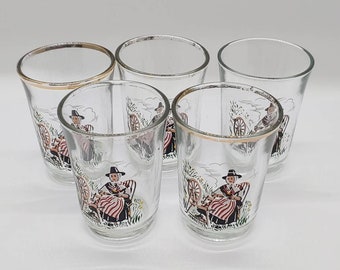 Set of 5 Shot Glasses with European Folkdress Picture - Made in France