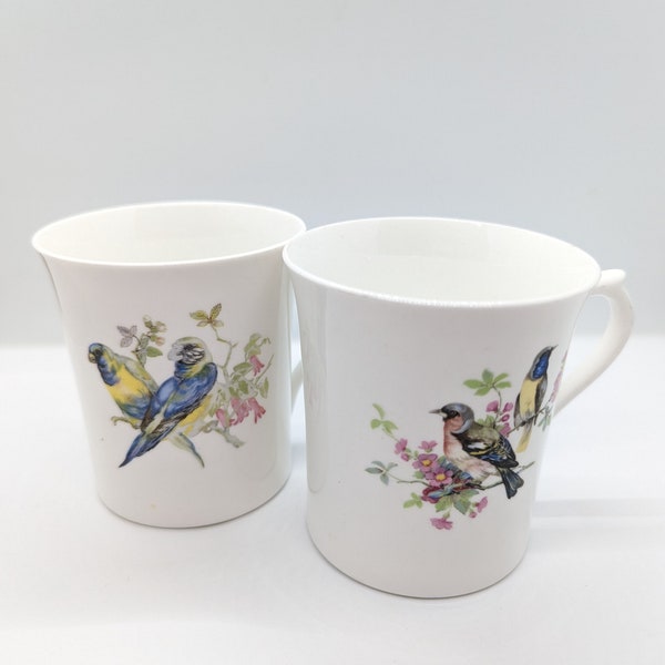 2 Queens Fine Bone China Mugs - Centenary Pear - Exotic birds