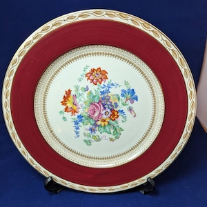 Vintage Wedgwood Burgundy and Gold Dinner Plate with Hand Painted Floral Bouquet and Laurel Border