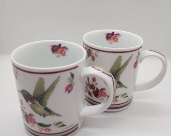 Set of 2 Valerie Pfeiffer Porcelain Hummingbird and Fuchsia Flowers Coffee Mugs, 2000
