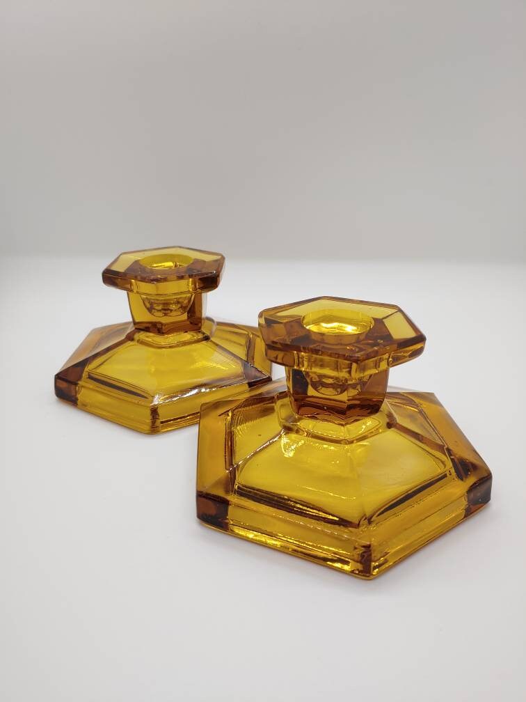 Vintage Amber Glass Candle Holder Set Etsy