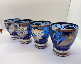 Antique Italian Cobalt Blue Glasses with Silver Overlay- set of 4 + 1