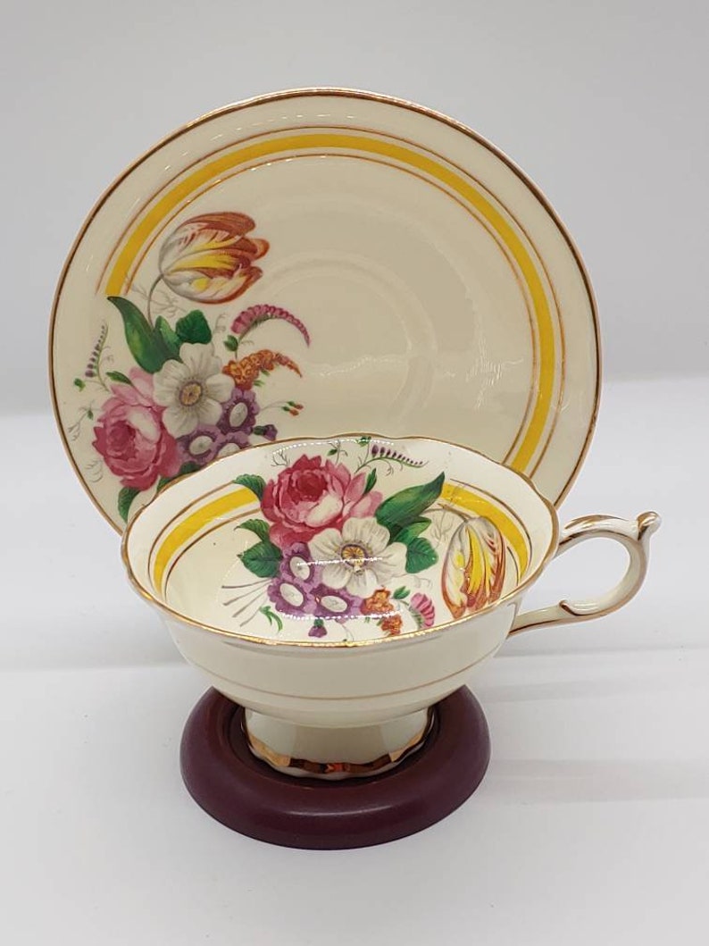 Vintage Mid Century Paragon Double Warrant Delicate Floral Bouquet Cup and Saucer with Yellow Stripe - Made in deals England #afternoontea