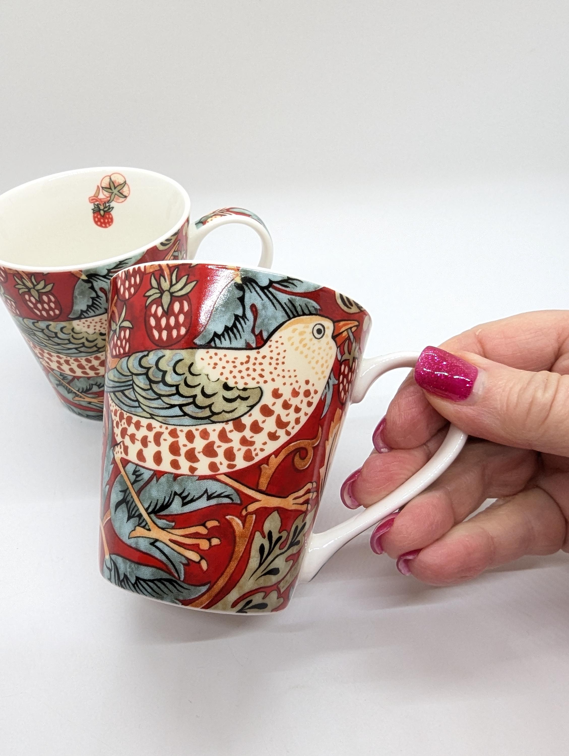 William Morris Strawberry Thief Bird Pattern in Crimson/Slate Colour - Porcelain Tea Mugs - Pimpernel 8718 - set of 2