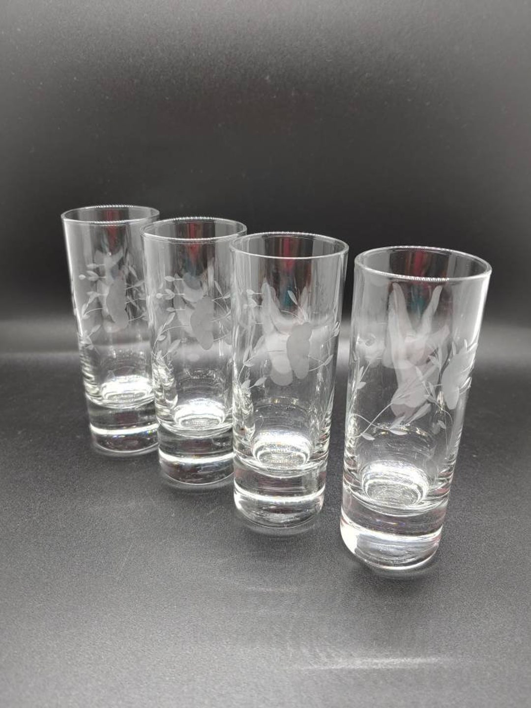 Vintage Etched Hand Blown Glass Shot Glasses With Weighted Bases Set of