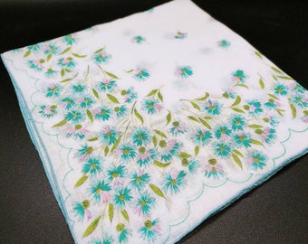 Delicate Vintage Aqua Floral Handkerchief with Picot Edge