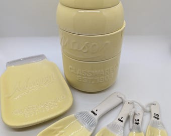 Vintage Look Mason Jar Kitchenware Set - 4 Measuring Cups, 4 Measuring Spoons and Spoon Rest - Yellow Embossed Ceramic