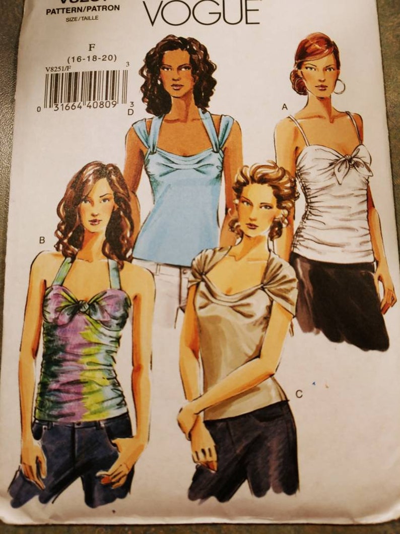 UNCUT Vogue V8251 Misses Womens Close Fit Pullover Top Tank Top Halter Top Camisole Top with Ruching Uncut Sewing Pattern Size 16-18 20