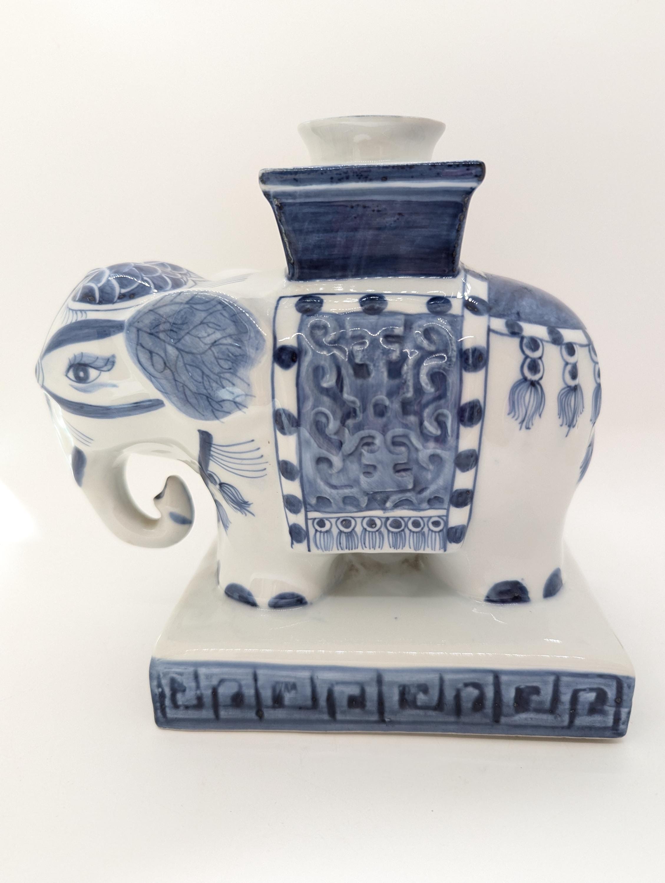 Oriental Blue and White Porcelain Folk Art Elephant Candle Holder