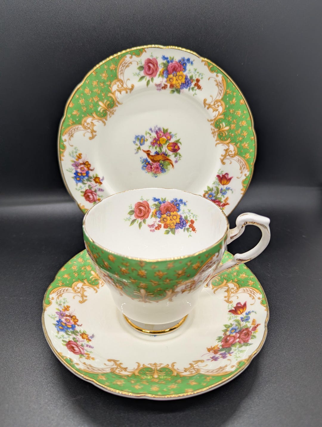 Paragon Rockingham Vintage Paragon Rockingham Bone China Tea Cup Trio Set - Green Gold ...