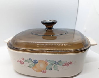Vintage Corning Ware Abundance (Fruit Pattern) Covered Casserole Dishes Amber Pyrex Lids - Choose size 2 Liter or 3 Liter size