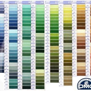 Op de afbeelding: Een kleurenkaart van DMC borduurgaren, met een breed scala aan kleuren van rood tot paars, blauw tot groen, geel tot oranje, bruin tot grijs tot zwart. De kaart is gelabeld met de DMC-kleurnummers.