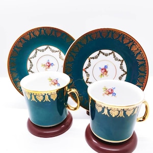 Set of 2 Exquisite Fine Bone China Teal Blue and Gold Demitasse Cup and Saucer Sets - JSK Czechoslovakia