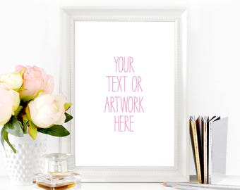 Download Free Wedding Frame mockup, White Frame mockup, Styled Photography, Pink flowers and perfume, Simply chic, High Res #186b PSD Template
