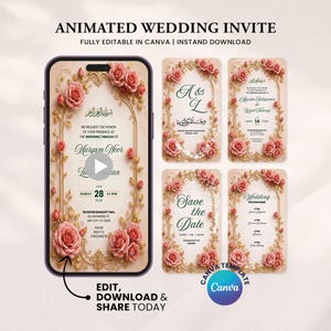 Könnte beinhalten: Eine animierte Hochzeitseinladungsvorlage auf einem Smartphone und vier statischen Karten. Das Design zeigt einen cremefarbenen Hintergrund, goldene, verzierte Bogenrahmen und rosa Rosenbüschel. Der Text umfasst "ANIMATED WEDDING INVITE" und "EDIT, DOWNLOAD & SHARE TODAY."