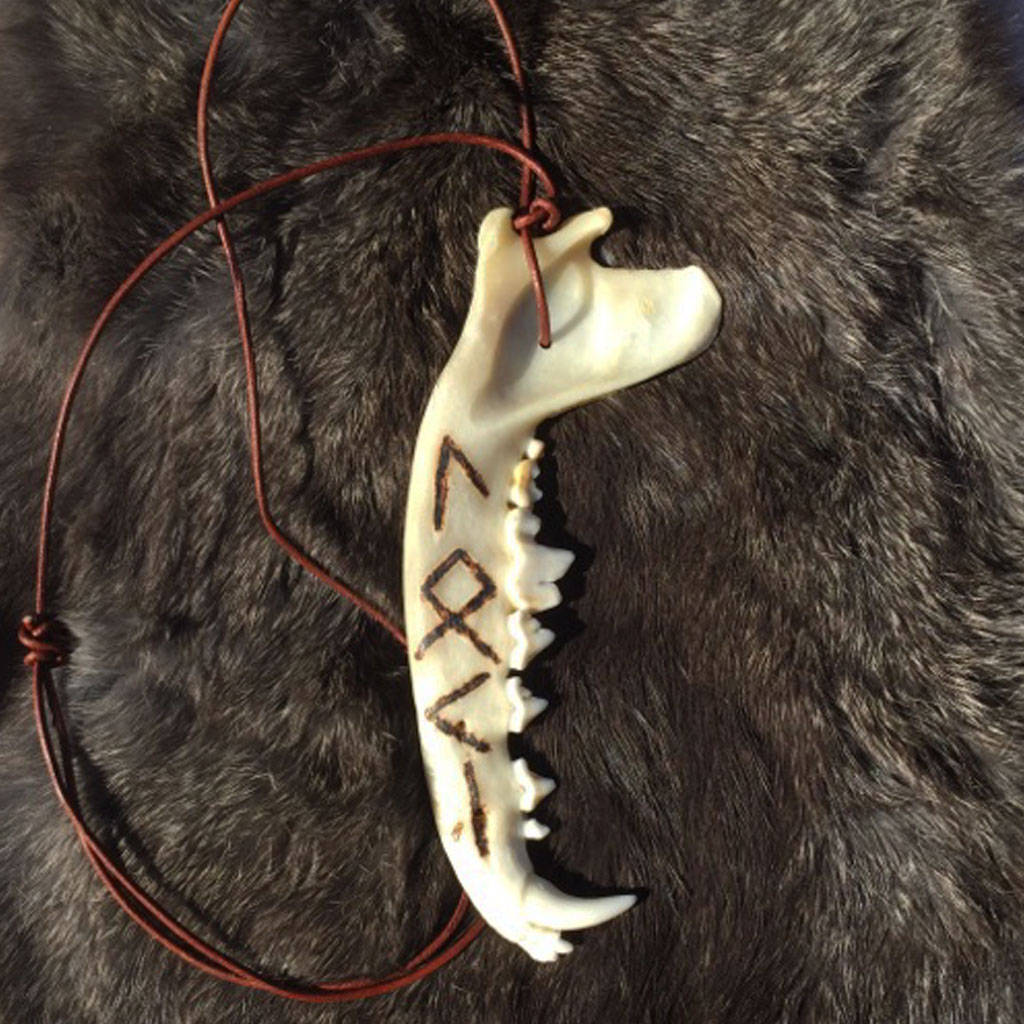 Loki In Elder Futhark Runes Burned Coyote Jawbone Viking Necklace Lea…
