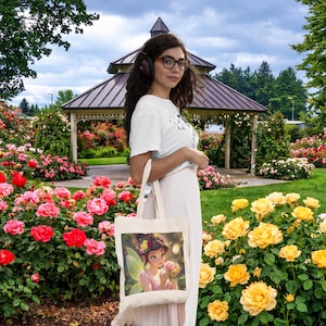 May include: A cream-colored tote bag featuring a colorful illustration of a fairy holding a rose. The bag is carried by a person in a garden setting with rose bushes and a gazebo in the background. The fairy has green wings and is wearing a pink dress.