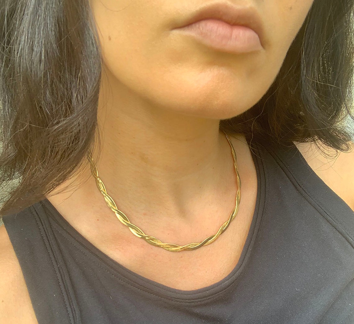 Gold Twisted Herringbone Chain Necklace Etsy