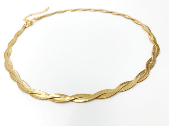 Gold Twisted Herringbone Chain Necklace 