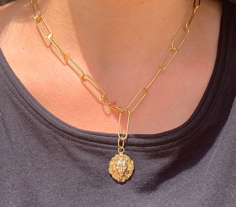 Gold Plated Paperclip Chain Necklace with Lion Charm Pendant Etsy