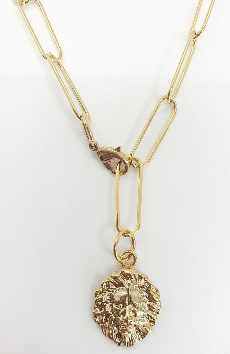 Gold Plated Paperclip Chain Necklace with Lion Charm Pendant Etsy