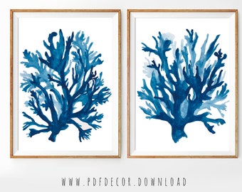 Coastal Print Set, Set of 2 blue wall art, Seaweed Print, Seaweed Wall Decal, Coastal Decor, Coastal wall Art, Set of 2 prints, Set of 2 Art