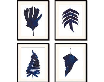 4er Set Marineblau Drucke, Blaues Set Drucke, Blaue Wandkunst, Indigo Art Print, Set 4 Drucke, Blätter, Art Printable, Aquarell, Kunst