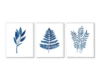 Set of 3 Blue Leaf Prints, Set of 3 Printable, Set of 3 Leaves Print, Modern Art, Blue Prints, Blue Art, Minimalist Print, Watercolor Print