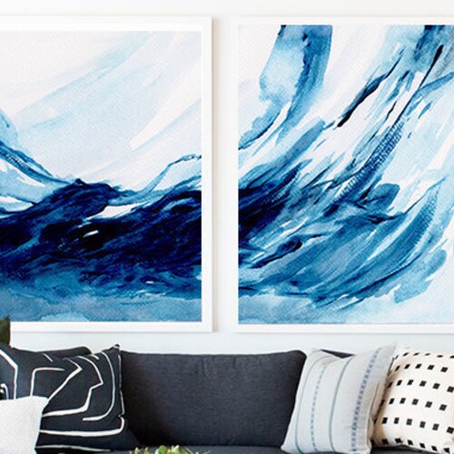 Navy Blue Wall Art Set Set of 2 Blue Abstract Set of 2 Etsy