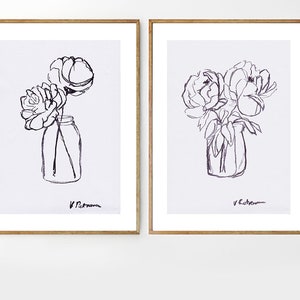 Set of 2 Black White Art, Set of 2 Wall Art, Set of 2 Black White Prints, Minimalist Prints, Minimalist Wall art, Peony Print, Digital Print