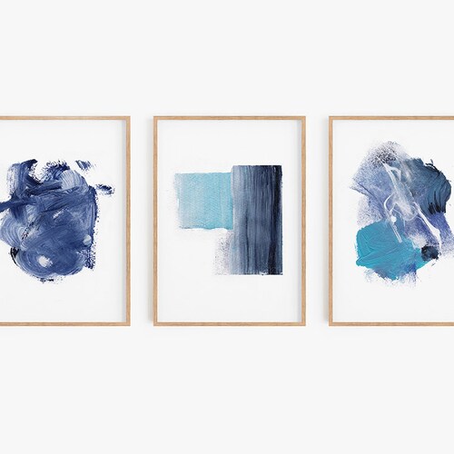 Abstract Art Geometric Art Set of 3 Blue Ombre Coastal Wall Etsy