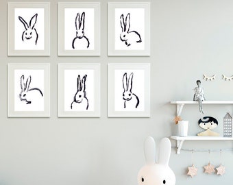 Bunnies Nursery Prints Bunny Set of 6 Wall Art Nursery  Print Baby Room Decor Animals Print Nursery Wall Decor Prints  Rabbit Print Set