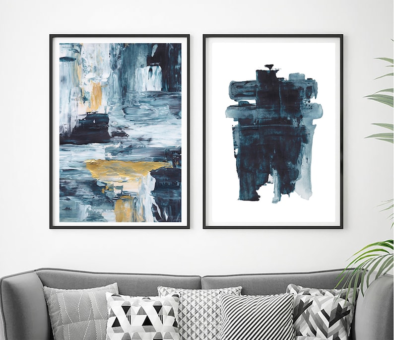 Blue Abstract Set of Prints, Set of 2 Blue Prints, Set of 2 Abstract Prints, Blue Wall Decor, Modern Minimalist Print, Abstract Printable image 1