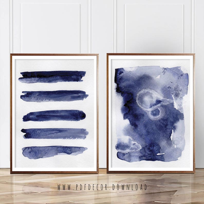 Navy Blue Wall Art Set Set of 2 Blue Abstract Set of 2 Etsy