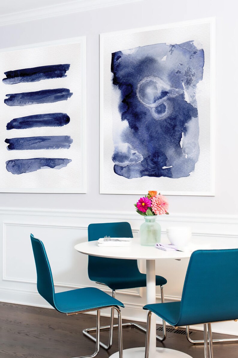 Navy Blue Wall Art Set Set of 2 Blue Abstract Set of 2 Etsy