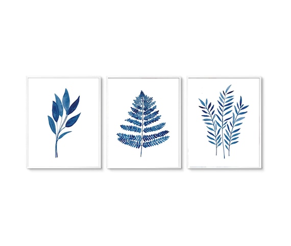 Set of 3 Blue Leaf Prints, Set of 3 Printable, Set of 3 Leaves Print, Modern Art, Blue Prints, Blue Art, Minimalist Print, Watercolor Print