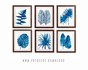 Set of 6 Printable Art, Set of 6 Prints, Tropical Print, Set of 6 Wall Art, Watercolor Art, Leaf Print, Wall Art, Set of 6 blue prints, Art