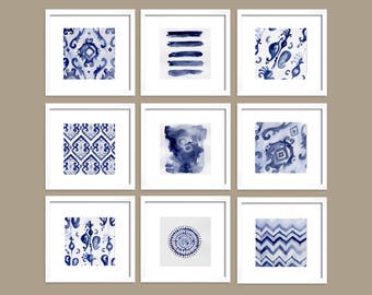 Set van 9 blauwe kunst, set van 9 blauwe abstract, marineblauw, indigo print, blauwe set, kunst, aquarel kunst, blauwe muur, prenten, modern decor, kunst aan de muur