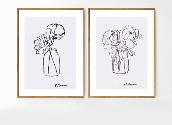 Set of 2 Black White Art, Set of 2 Wall Art, Set of 2 Black White Prints, Minimalist Prints, Minimalist Wall art, Peony Print, Digital Print