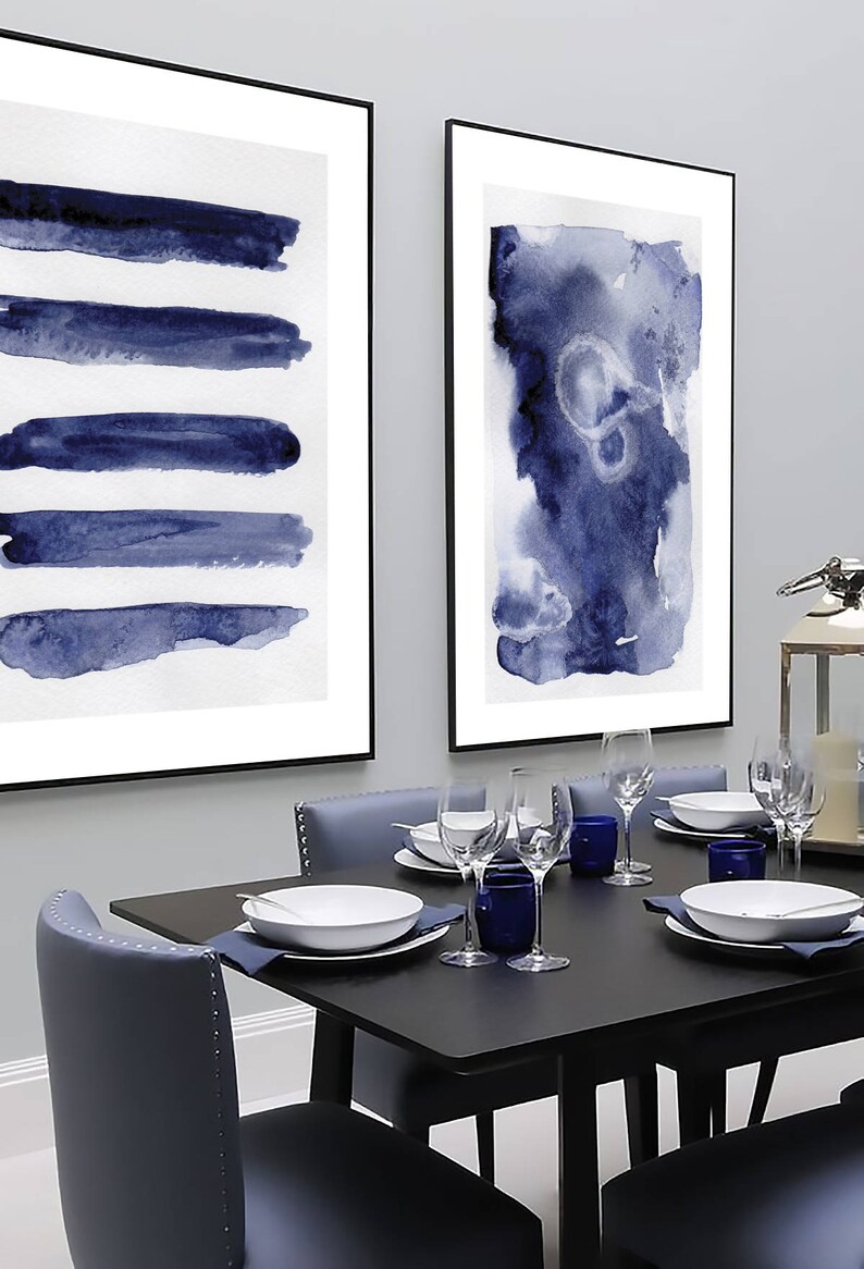 Navy Blue Wall Art Set Set of 2 Blue Abstract Set of 2 Etsy