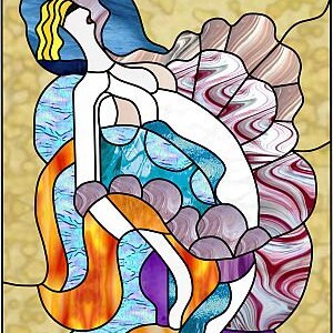 May include: A stained glass artwork depicting a stylized pregnant woman with flowing hair and a large, colorful belly. The background features abstract shapes and patterns in shades of blue, purple, orange, and brown.