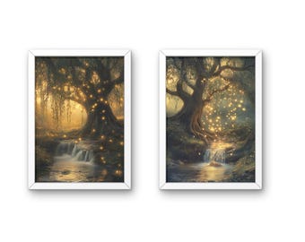 Plakat Willow Tree Fairies Cottagecore Decor Dark Academia Art Enchanted Illustration Vintage Nature Wall Art Rustykalna estetyka, wystrój pokoju